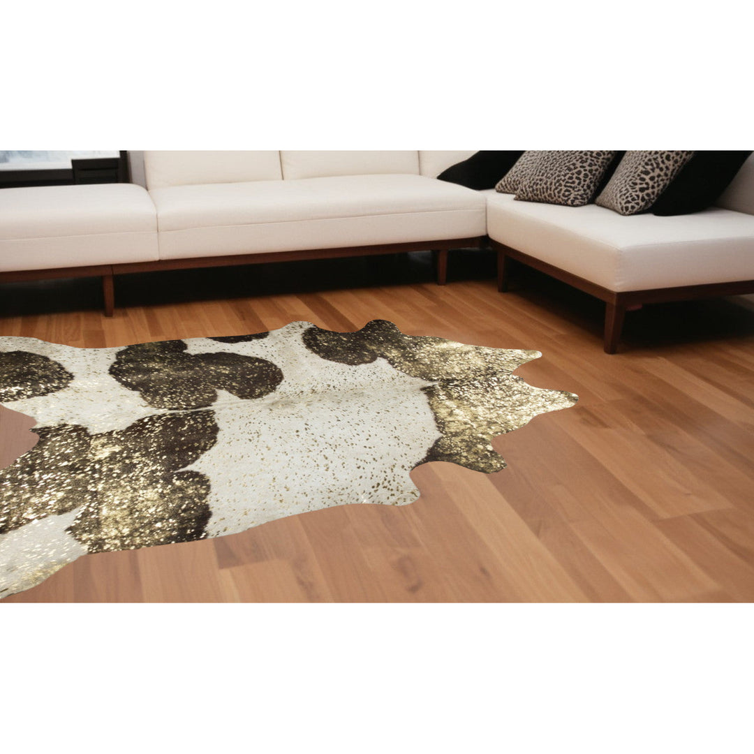 6 X 7 Dark Brown White And Gold Natural Cowhide Area Rug Image 6