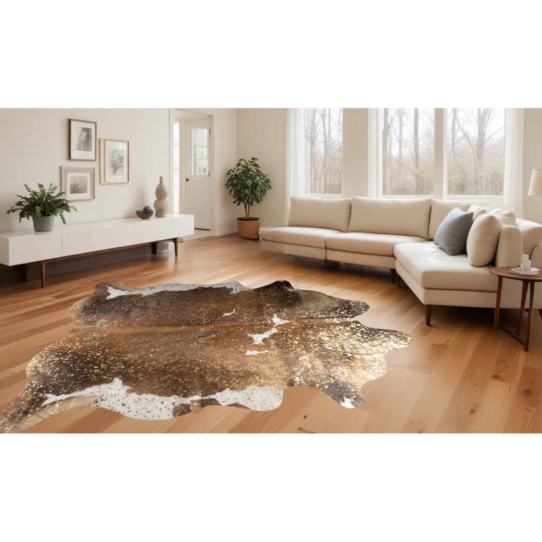 6 X 7 Brown White And Gold Natural Cowhide Area Rug Image 6