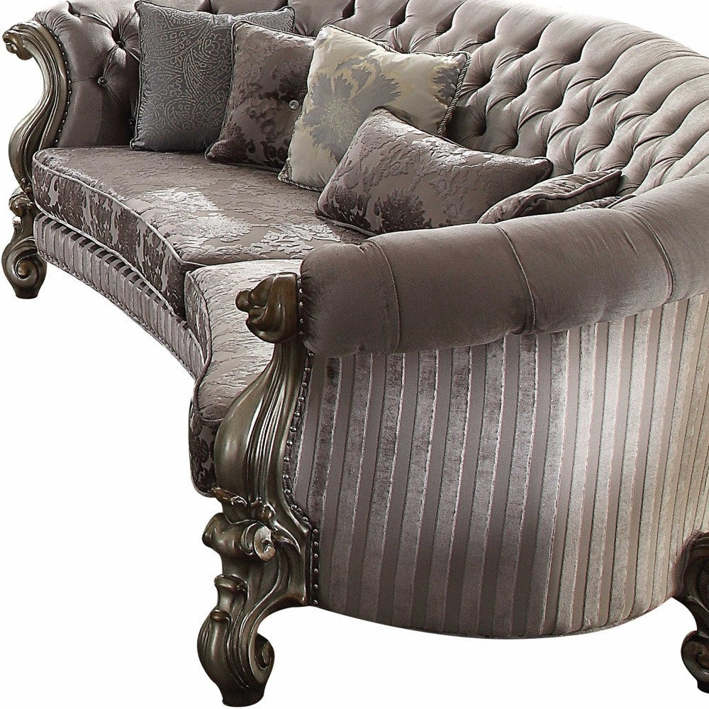 55" Gray Velvet Curved Floral Sofa And Toss Pillows With Champagne Legs Image 3