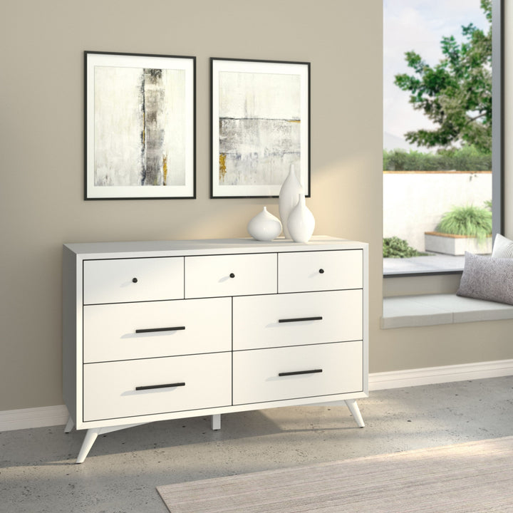 56" White Solid Wood Seven Drawer Double Dresser Image 1