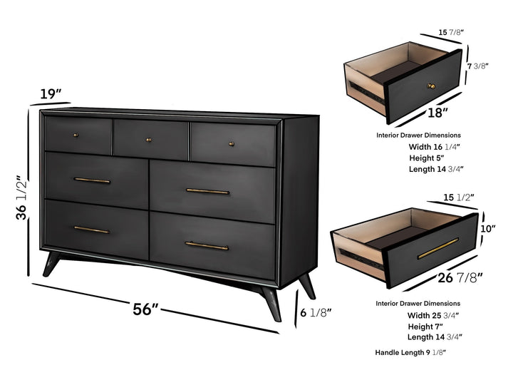 56" Black Solid Wood Seven Drawer Double Dresser Image 8