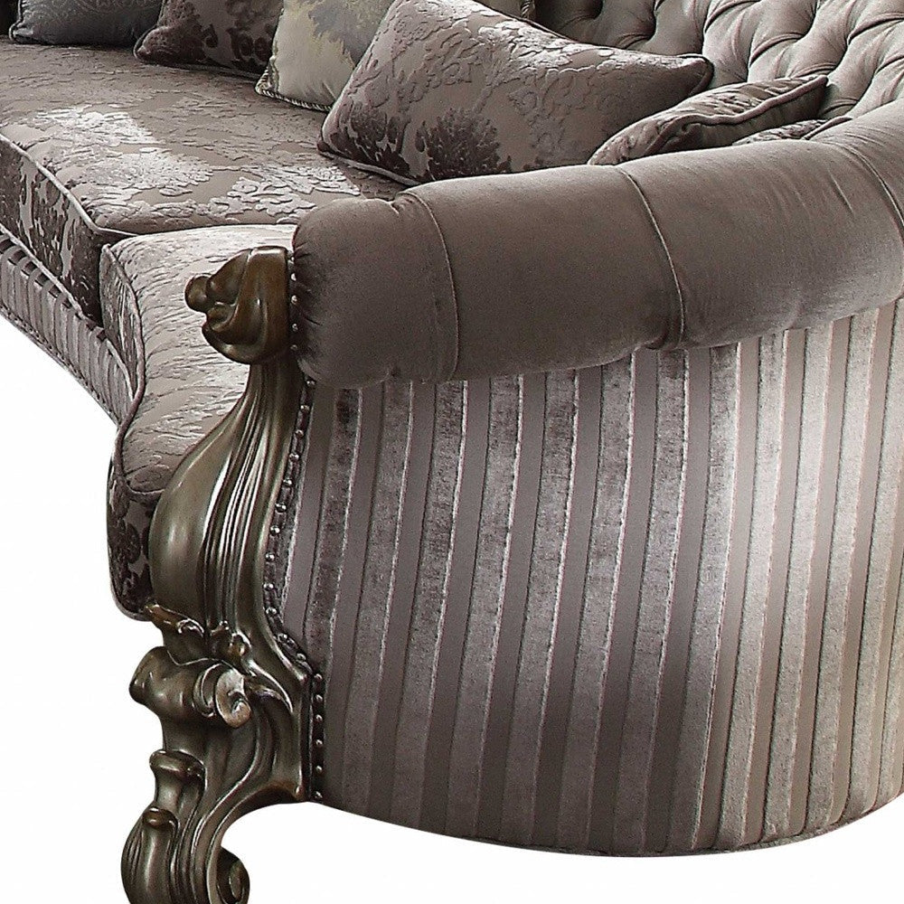 55" Gray Velvet Curved Floral Sofa And Toss Pillows With Champagne Legs Image 5