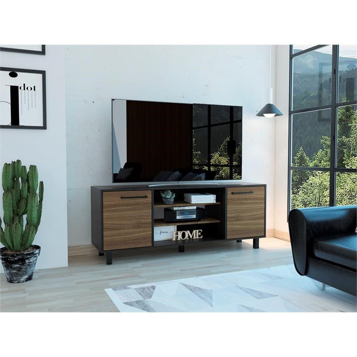 59" Brown And Black Particle Board Open Shelving TV Stand Image 1