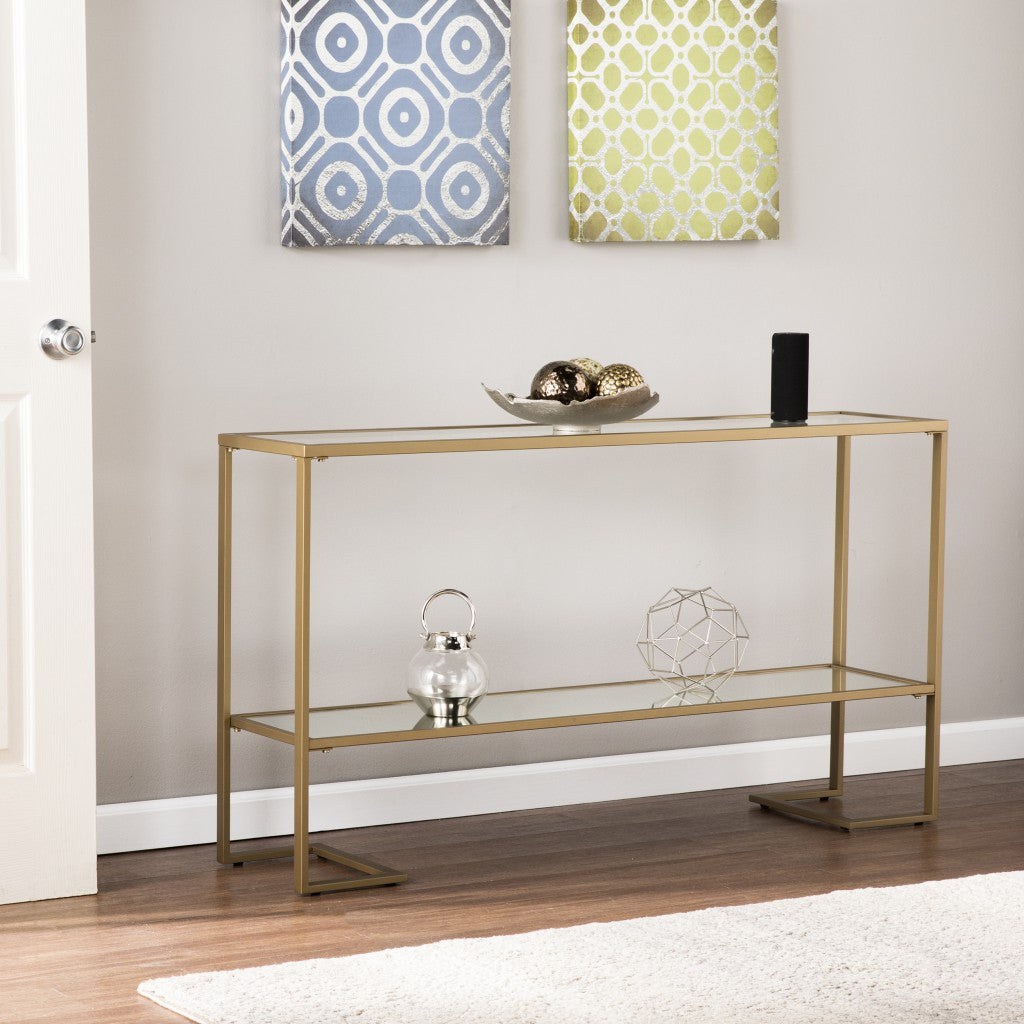 52" Clear and Gold Glass Mirrored Frame Console Table With Storage Image 1