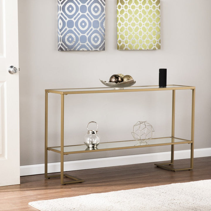 52" Clear and Gold Glass Mirrored Frame Console Table With Storage Image 1