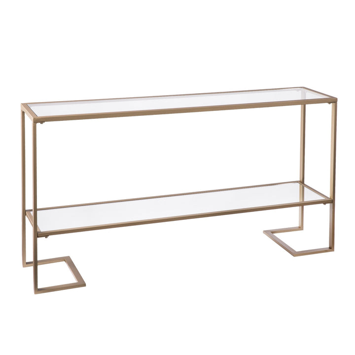 52" Clear and Gold Glass Mirrored Frame Console Table With Storage Image 4