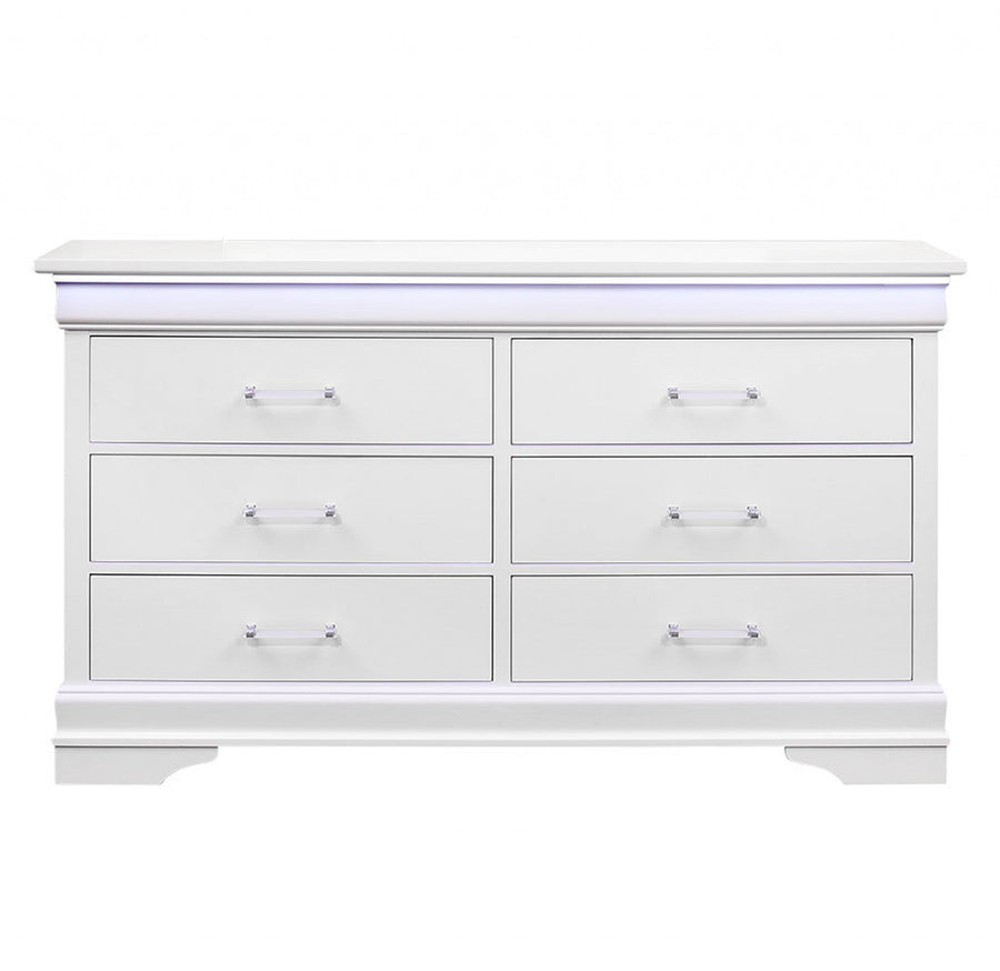 59" White Solid Wood Six Drawer Double Dresser with LED Image 1