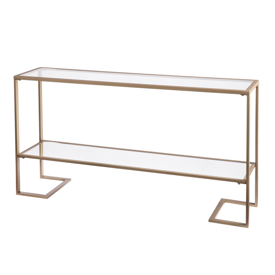 52" Clear and Gold Glass Mirrored Frame Console Table With Storage Image 6