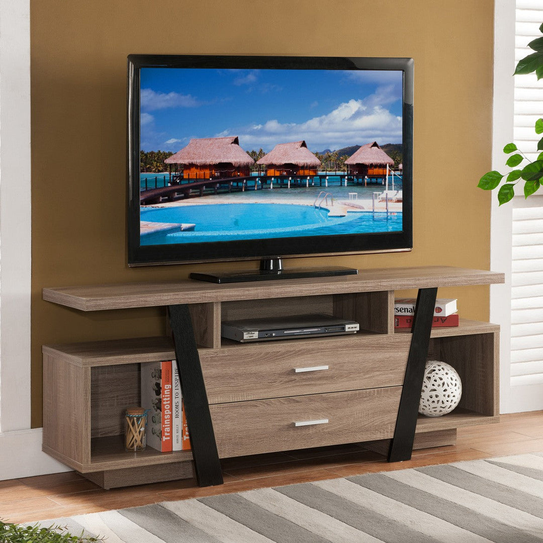 60" Brown And Black Particle Board And Mdf Cabinet Enclosed Storage TV Stand Image 1