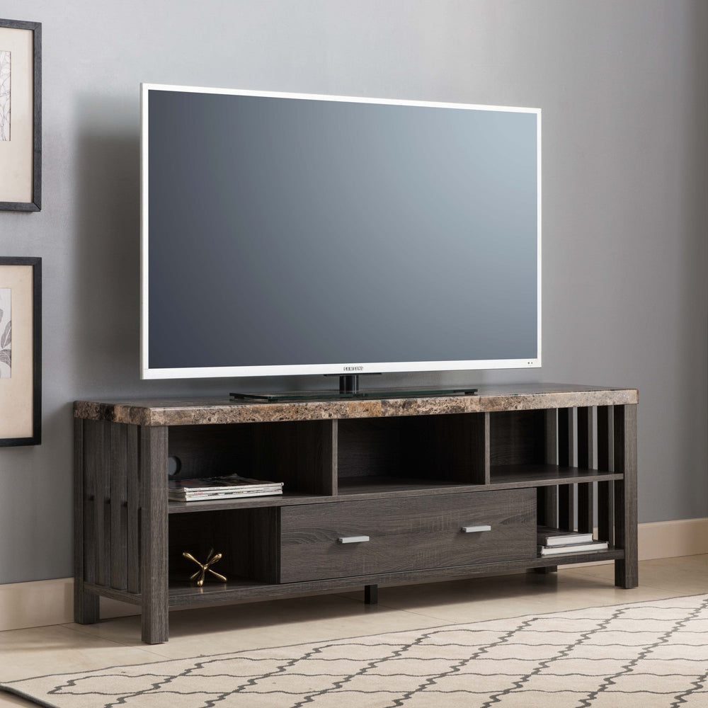 60" Dark Grey Faux Marble And Manufactured Wood Cabinet Enclosed Storage TV Stand Image 2