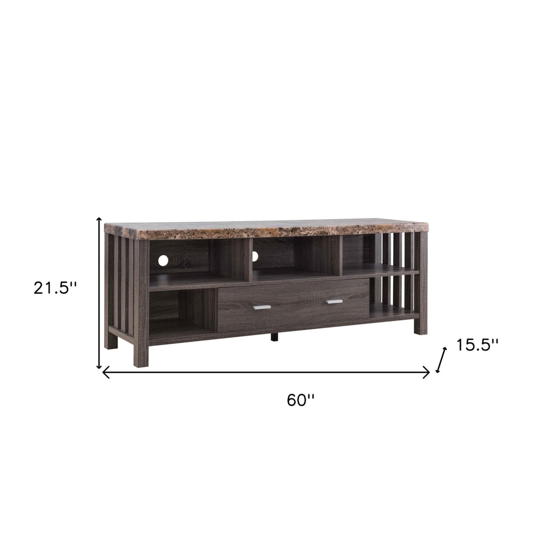 60" Dark Grey Faux Marble And Manufactured Wood Cabinet Enclosed Storage TV Stand Image 5