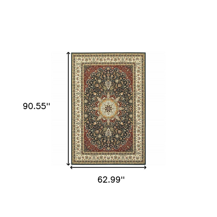 5 X 8 Navy And Ivory Oriental Power Loom Stain Resistant Area Rug Image 5