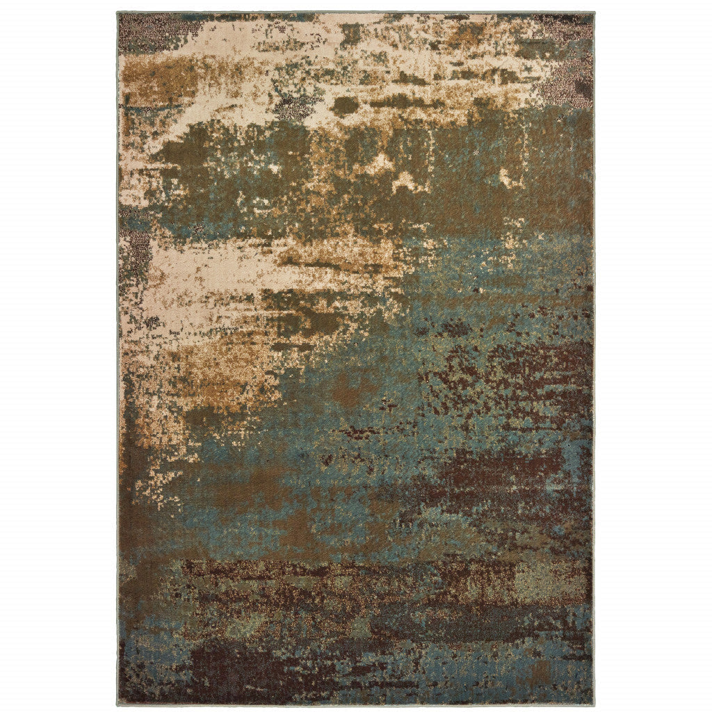 6 X 9 Teal Blue Brown Green And Beige Abstract Power Loom Stain Resistant Area Rug Image 1