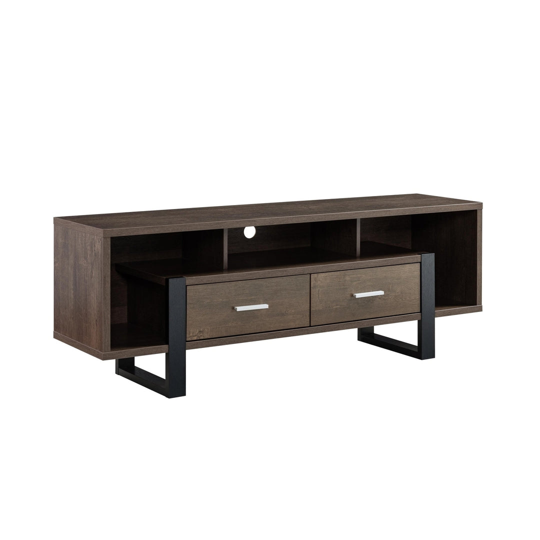 60" Walnut Oak And Black Manufactured Wood Cabinet Enclosed Storage TV Stand Image 3