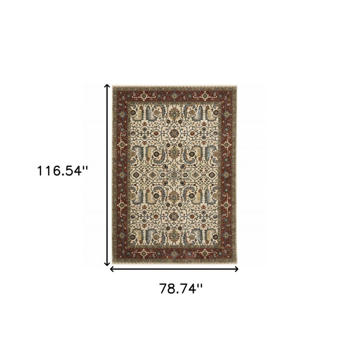 6 X 9 Ivory Red Green Grey Blue And Navy Oriental Power Loom Stain Resistant Area Rug With Fringe Image 11