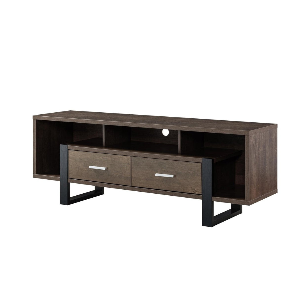 60" Walnut Oak And Black Manufactured Wood Cabinet Enclosed Storage TV Stand Image 4