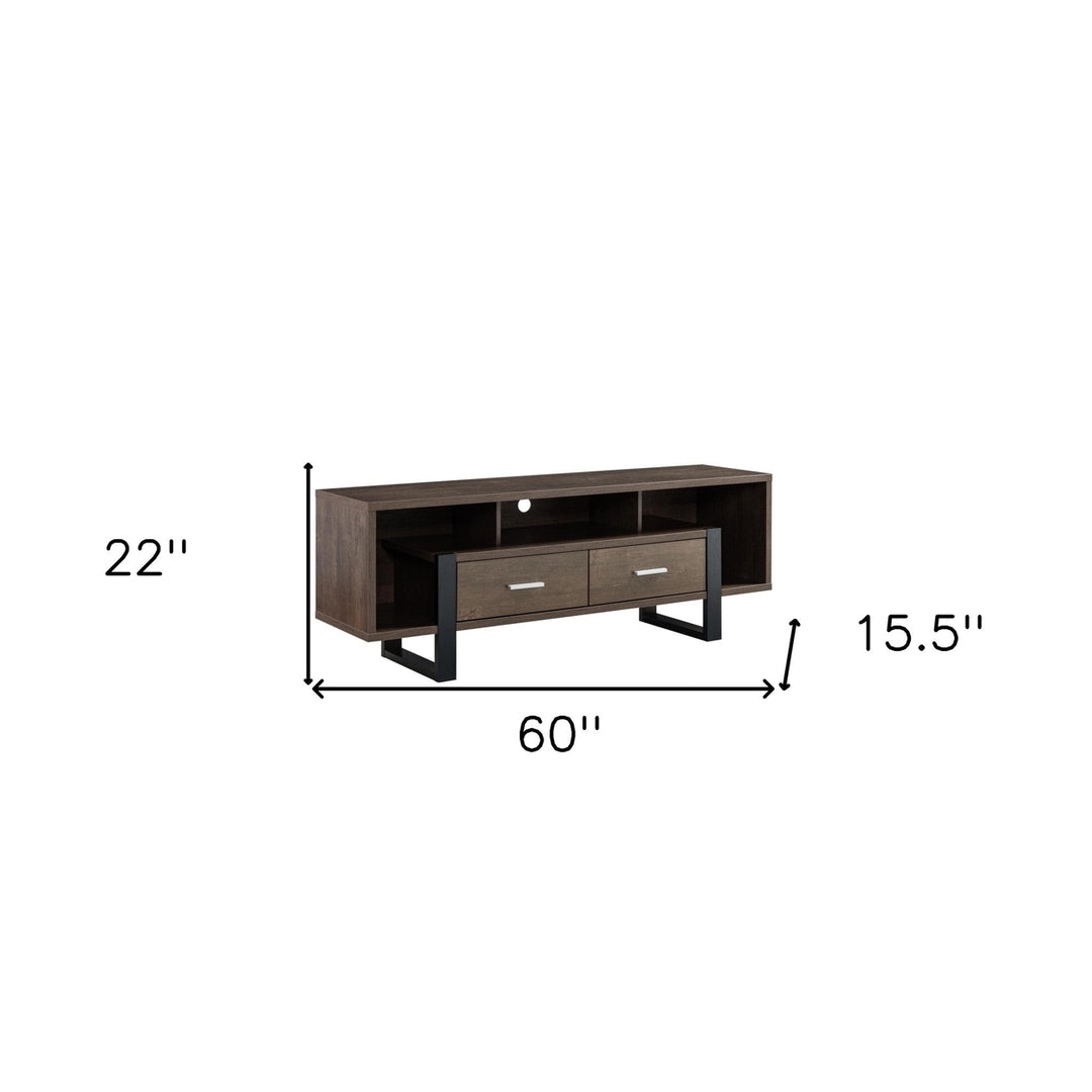 60" Walnut Oak And Black Manufactured Wood Cabinet Enclosed Storage TV Stand Image 7