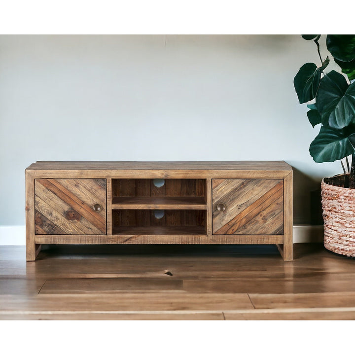 63" Wood Brown Reclaimed Pine And Plywood Open Shelving TV Stand Image 6