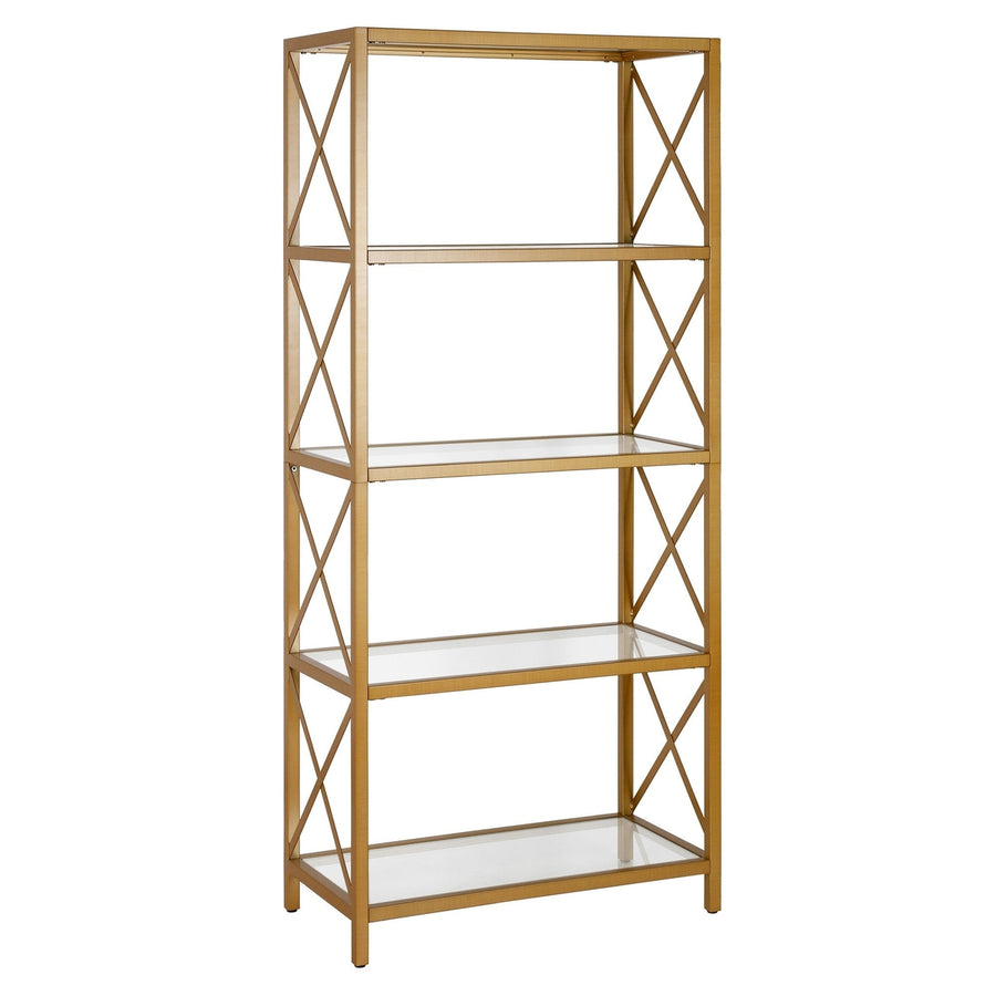 66" Gold Metal and Glass Five Tier Etagere Bookcase Image 1