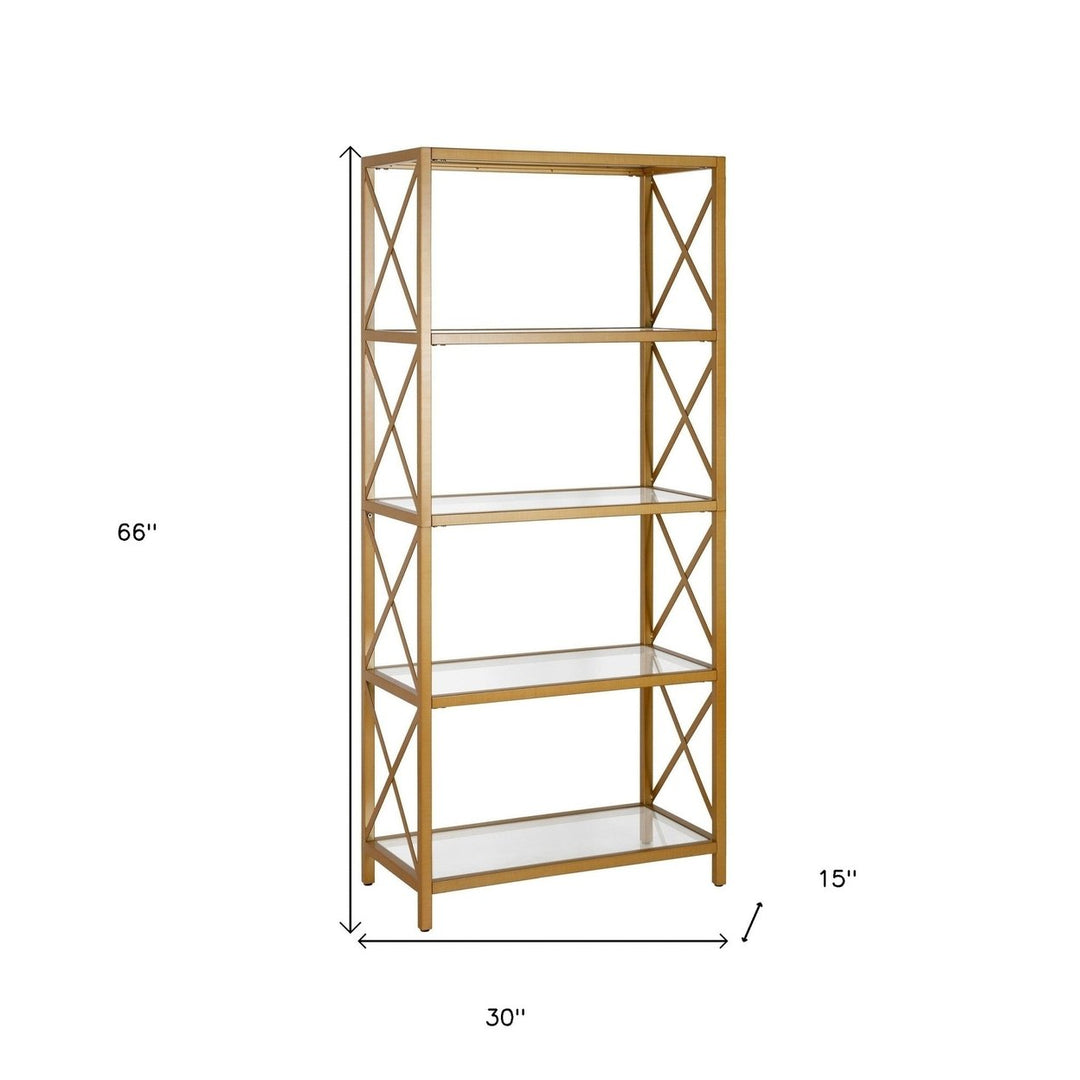 66" Gold Metal and Glass Five Tier Etagere Bookcase Image 4