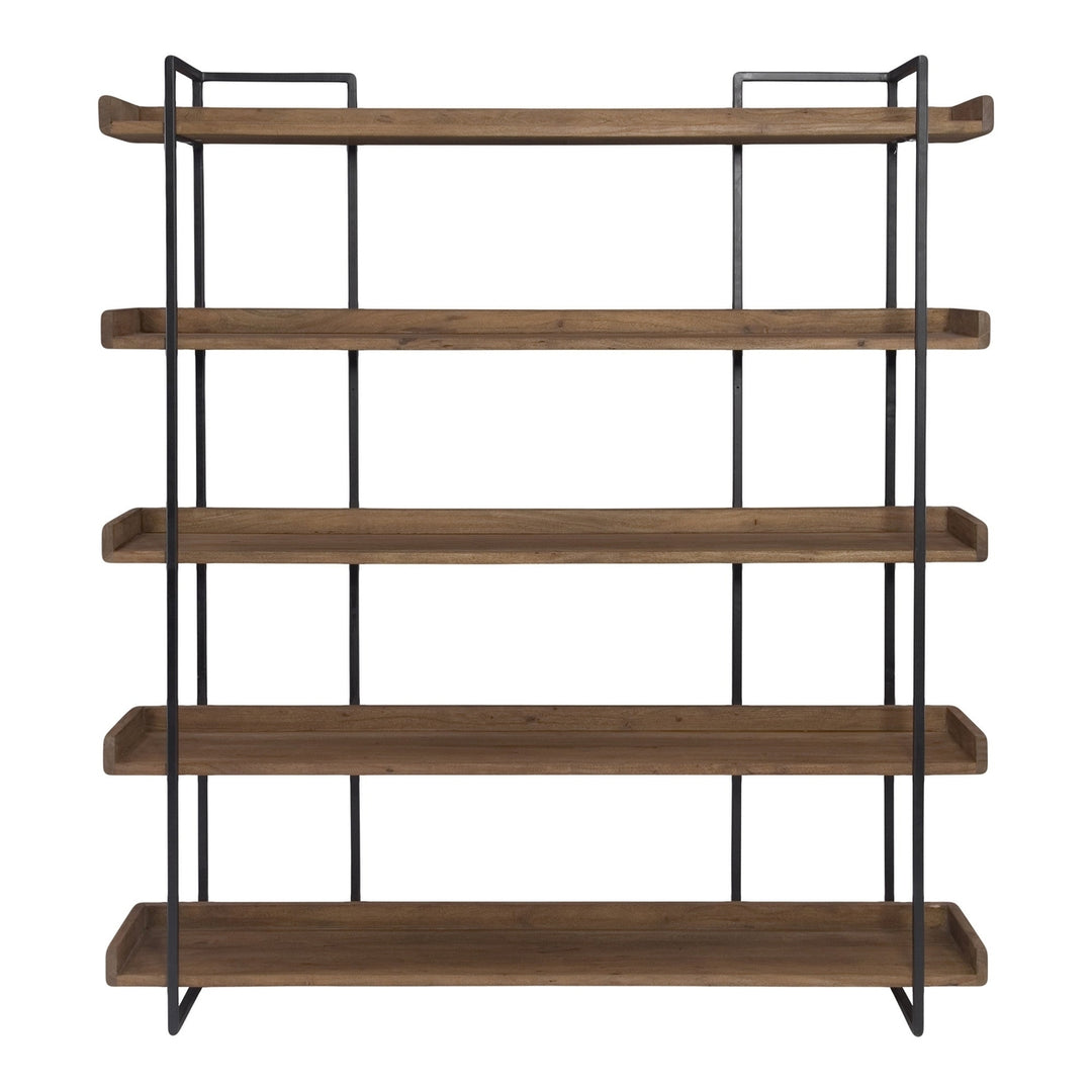 76" Brown and Black Metal and Wood Five Tier Bookcase Image 1