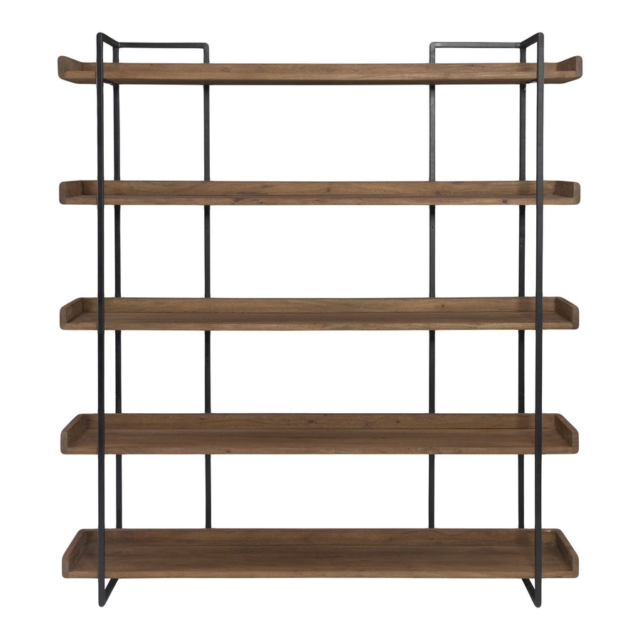 76" Brown and Black Metal and Wood Five Tier Bookcase Image 1