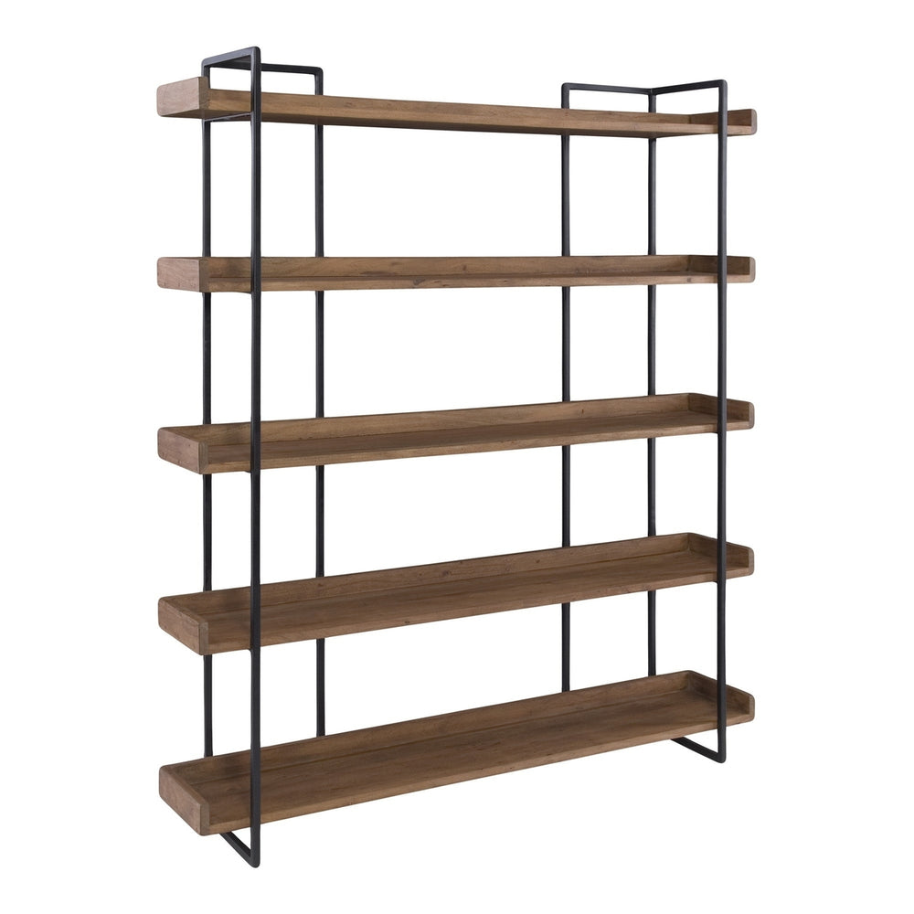 76" Brown and Black Metal and Wood Five Tier Bookcase Image 2