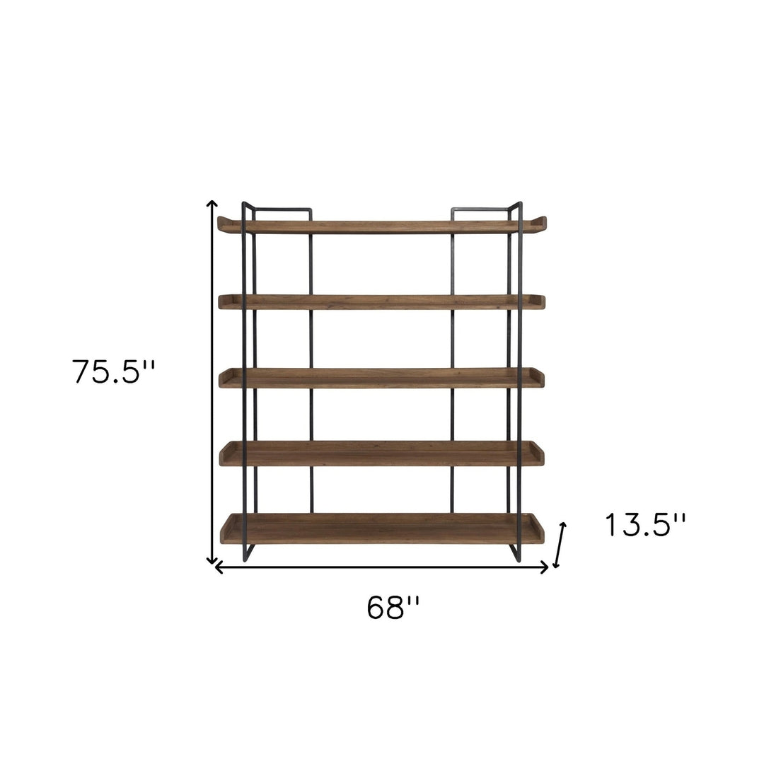 76" Brown and Black Metal and Wood Five Tier Bookcase Image 4