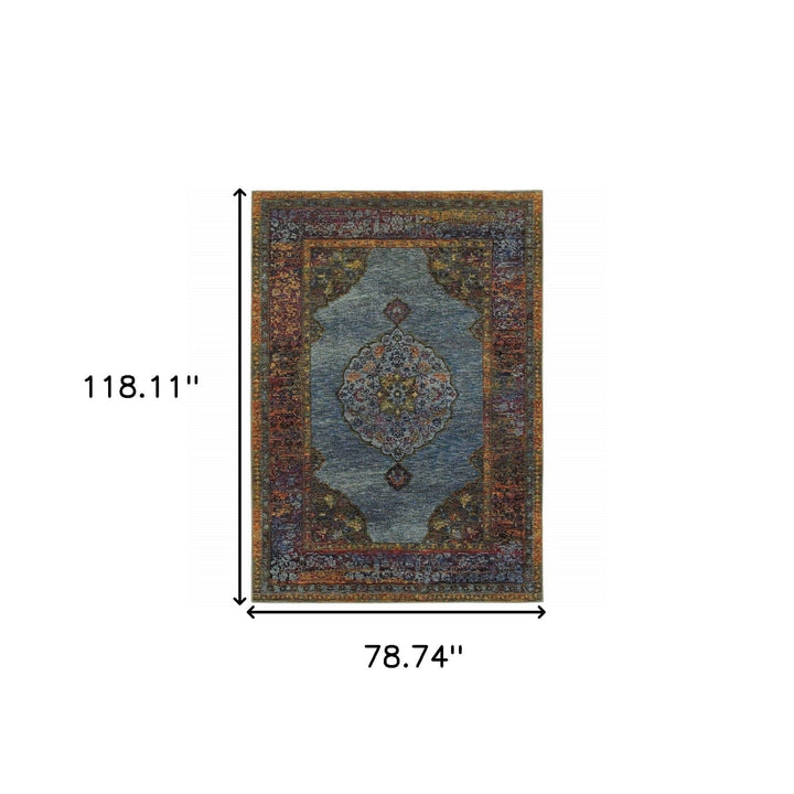 7 x 10 Blue and Beige Oriental Power Loom Area Rug Image 5