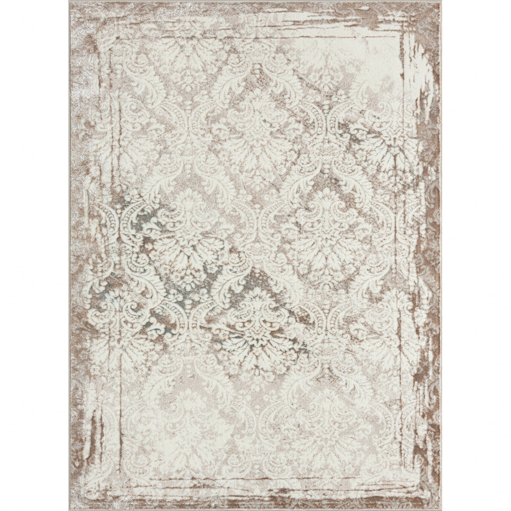 8 X 10 Cream Damask Stain Resistant Area Rug Image 1