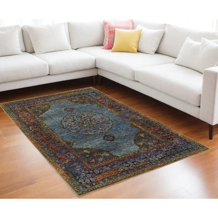 7 x 10 Blue and Beige Oriental Power Loom Area Rug Image 6