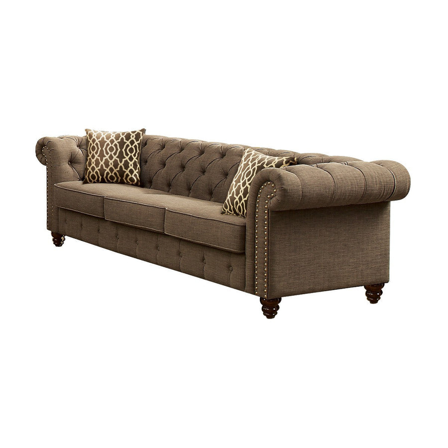 90" Brown Linen Sofa And Toss Pillows With Black Legs Image 1