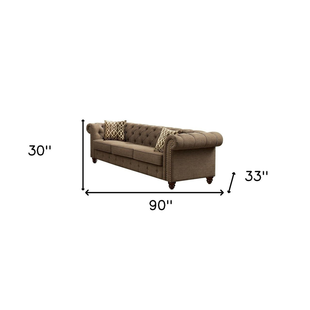 90" Brown Linen Sofa And Toss Pillows With Black Legs Image 2