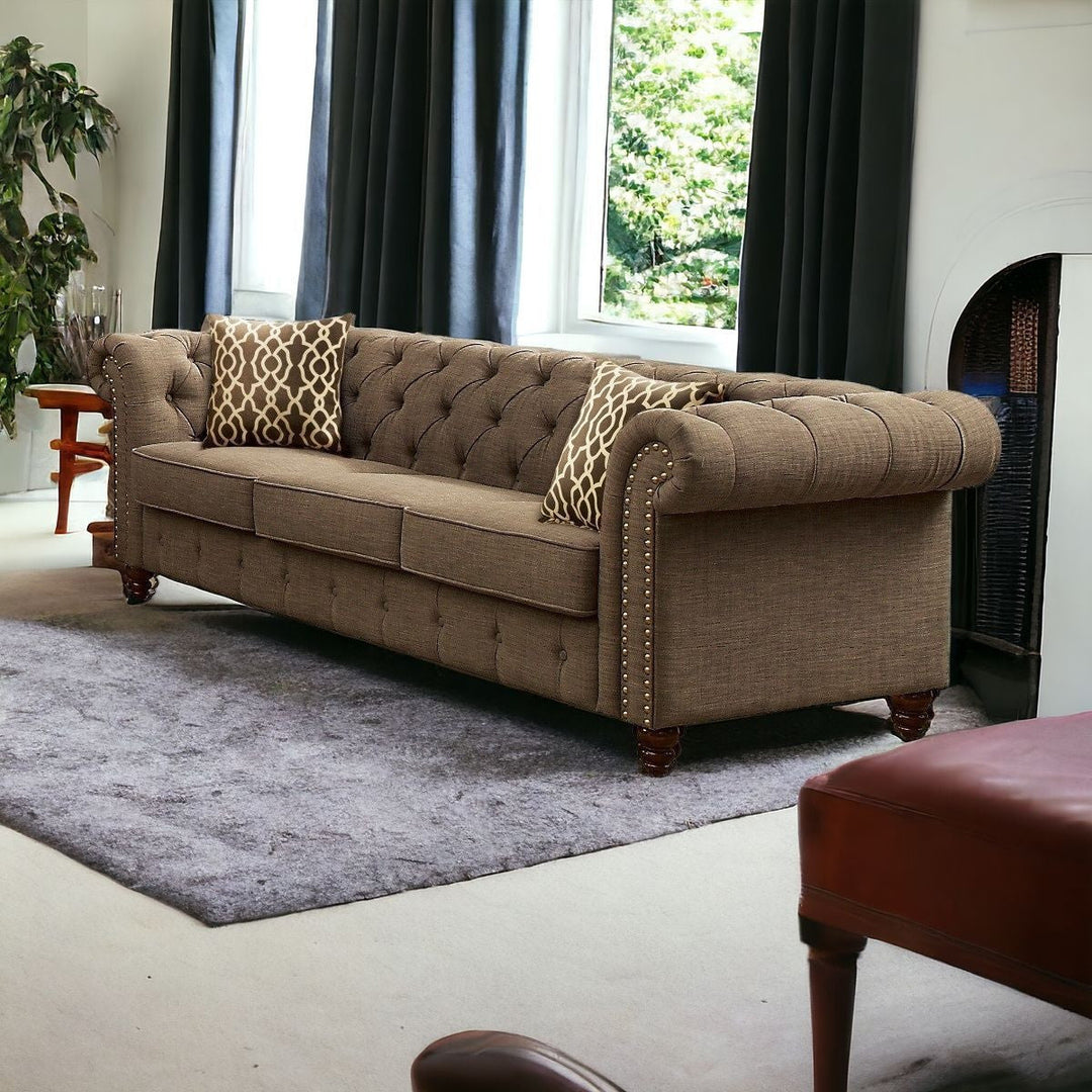 90" Brown Linen Sofa And Toss Pillows With Black Legs Image 4