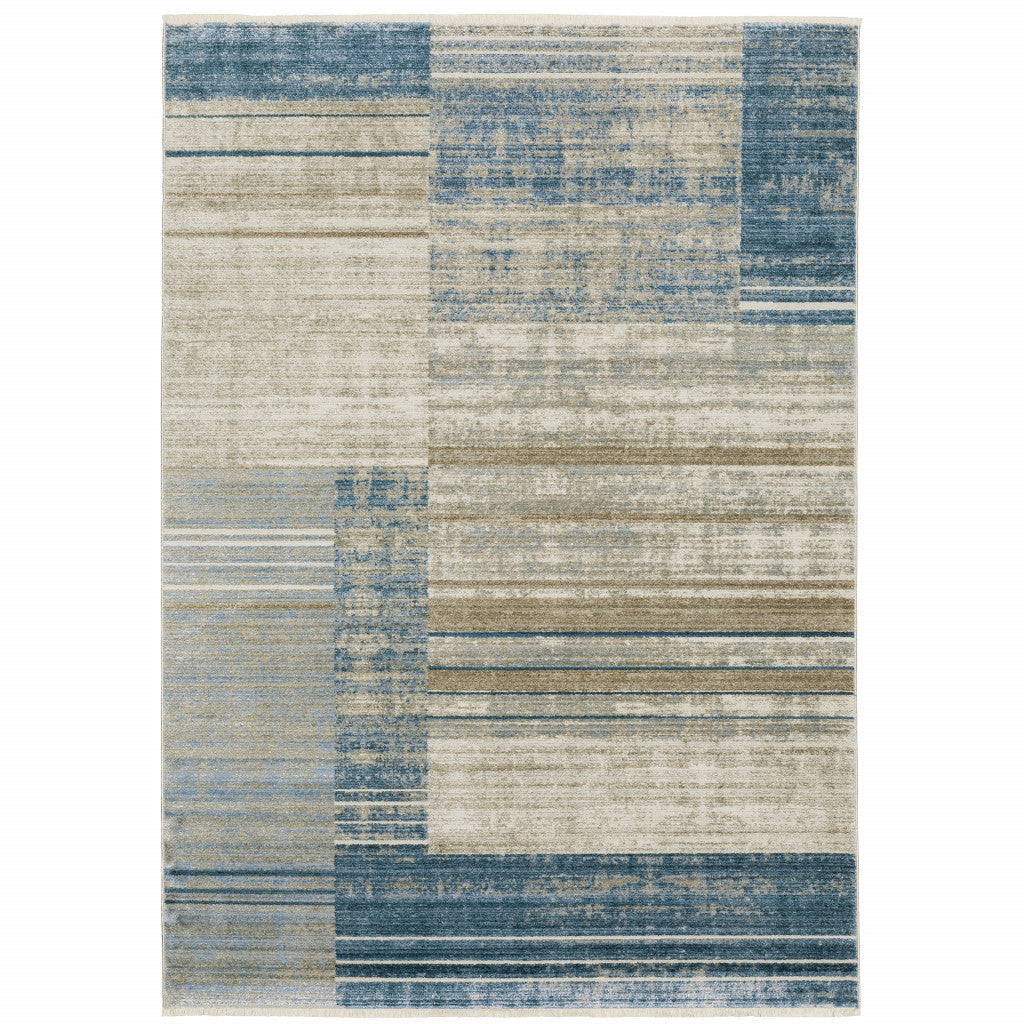 8 X 11 Blue Dark Blue Teal Grey Ivory Beige And Tan Geometric Power Loom Stain Resistant Area Rug With Fringe Image 1