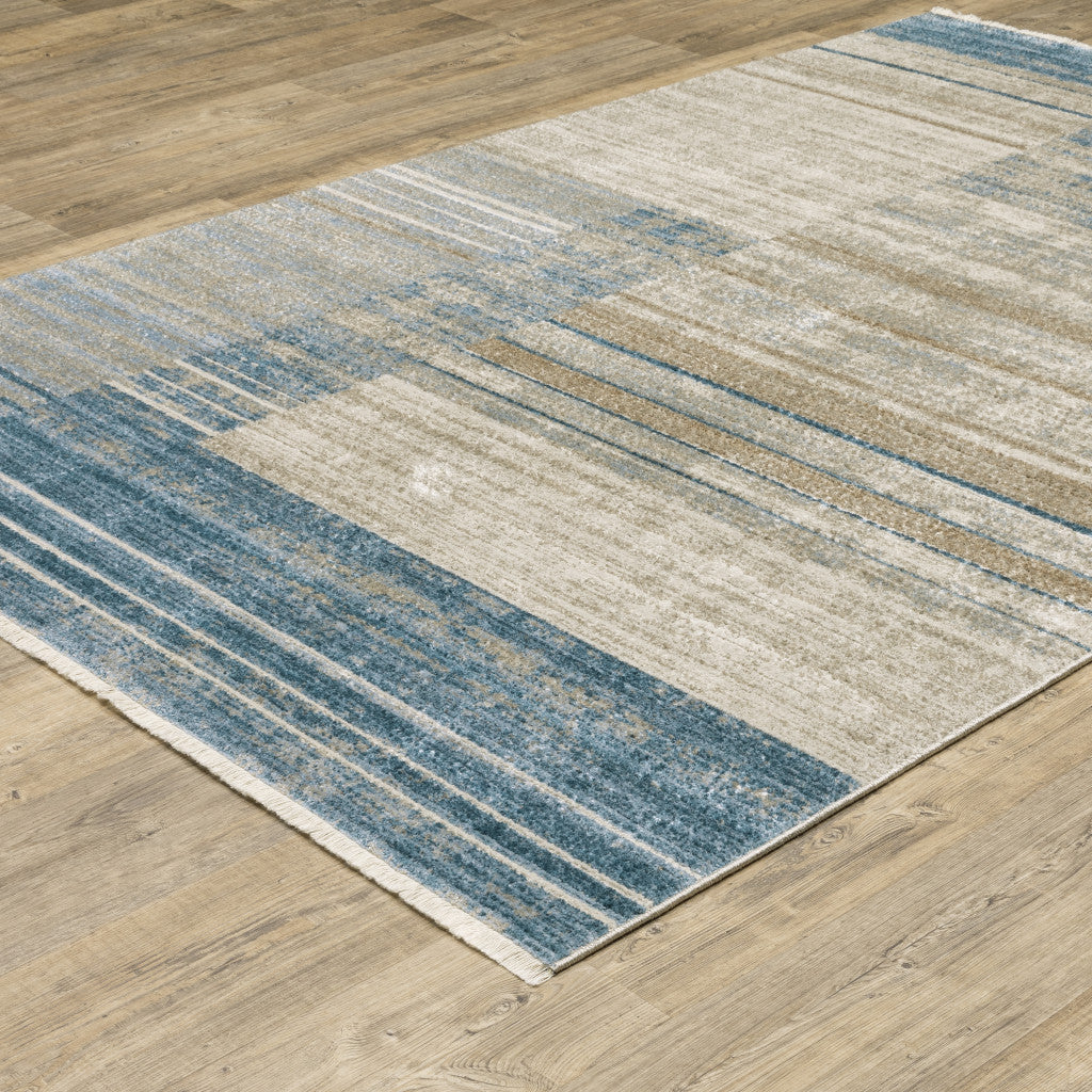 8 X 11 Blue Dark Blue Teal Grey Ivory Beige And Tan Geometric Power Loom Stain Resistant Area Rug With Fringe Image 3