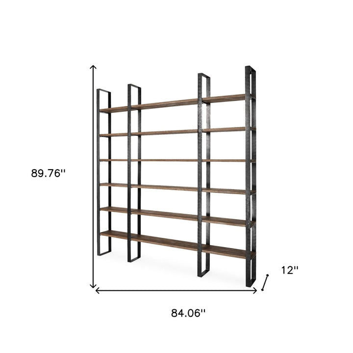 90" Brown Iron and Solid Wood Six Tier Bookcase Image 10