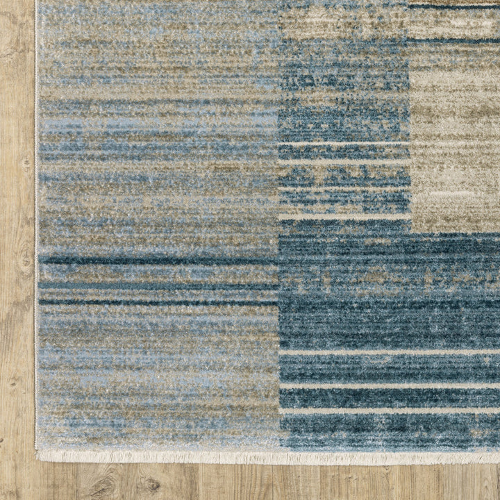 8 X 11 Blue Dark Blue Teal Grey Ivory Beige And Tan Geometric Power Loom Stain Resistant Area Rug With Fringe Image 8