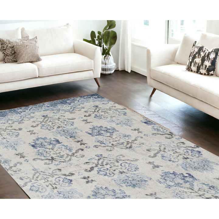 8 x 11 Blue and Ivory Oriental Area Rug Image 12