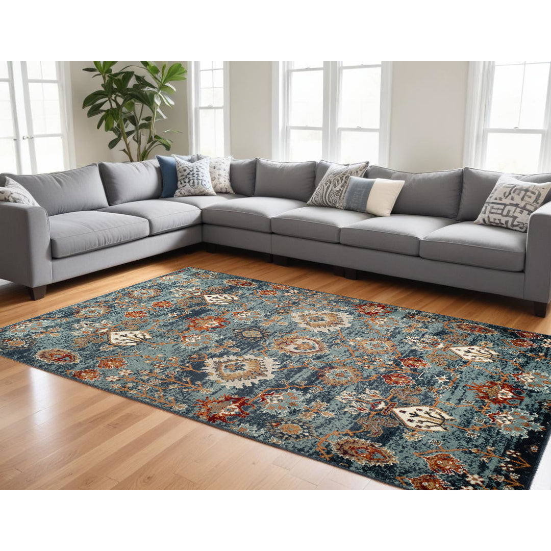 8 x 10 Teal Blue Oriental Power Loom Area Rug Image 3