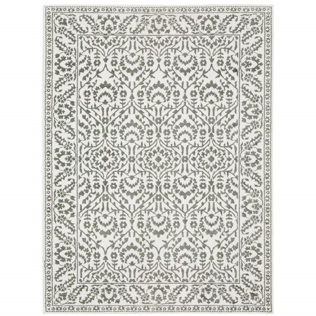 8 X 11 Grey And White Floral Power Loom Stain Resistant Area Rug Image 1