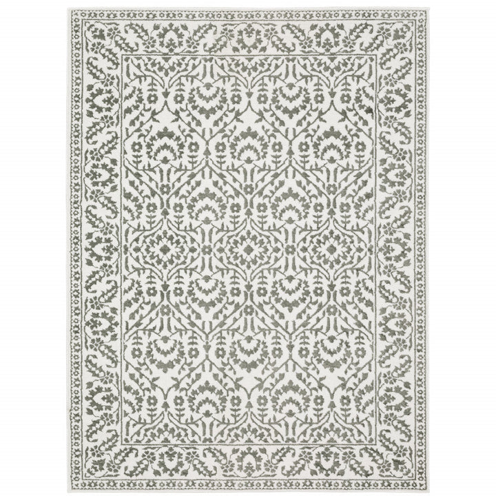 8 X 11 Grey And White Floral Power Loom Stain Resistant Area Rug Image 1