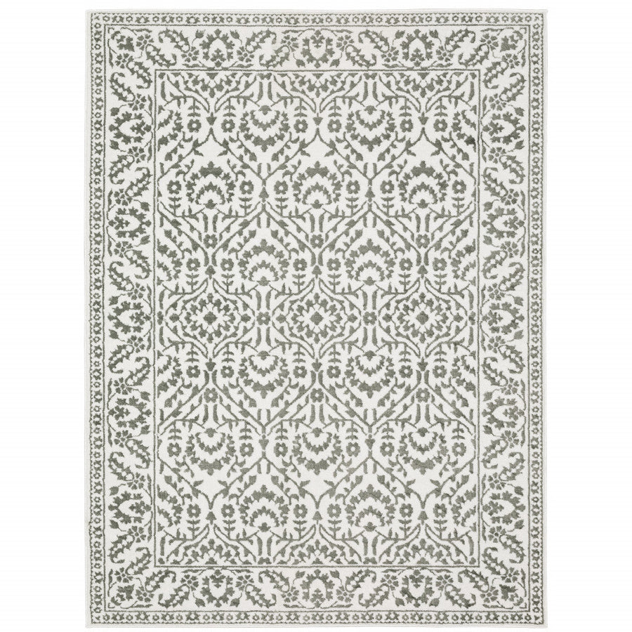 8 X 11 Grey And White Floral Power Loom Stain Resistant Area Rug Image 1