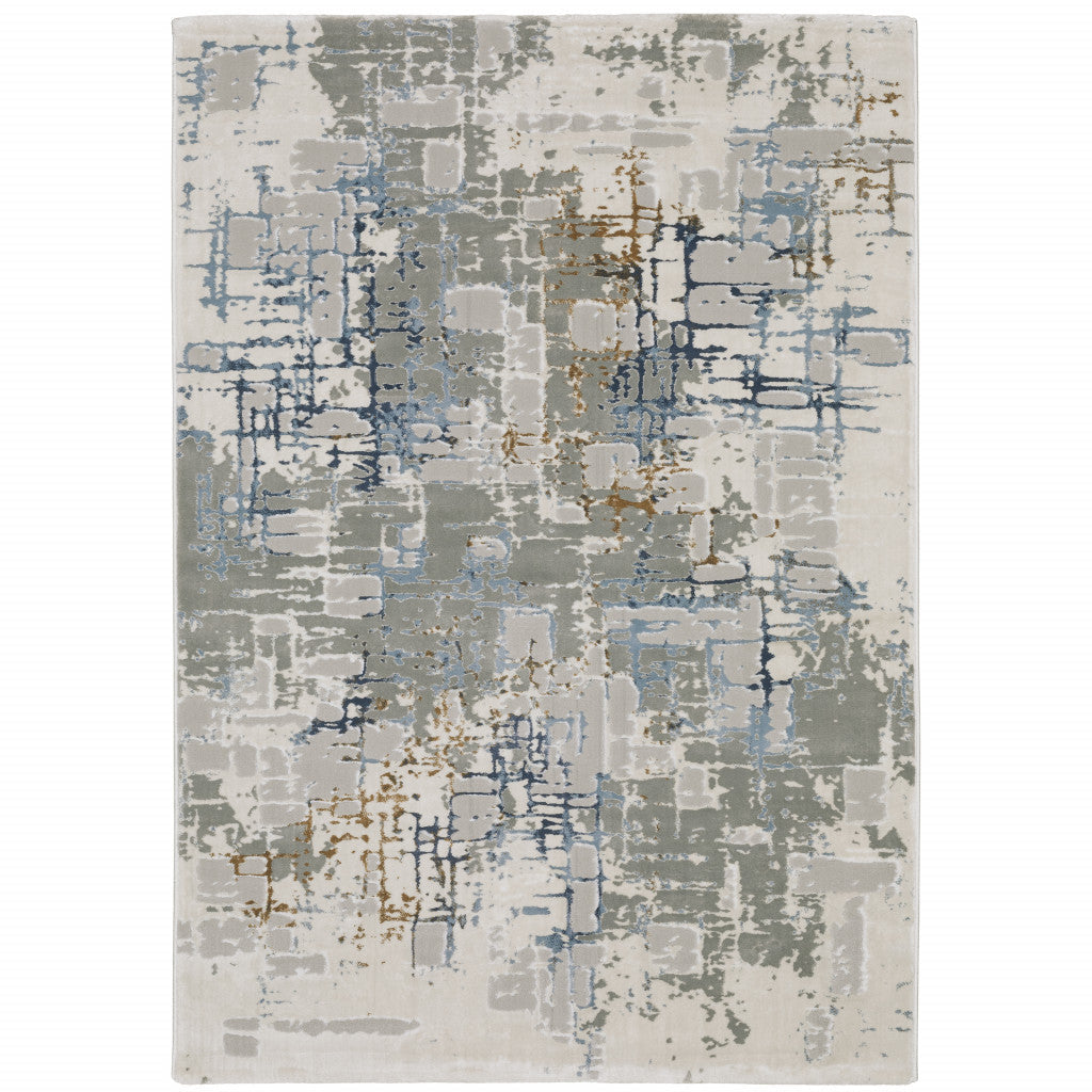 8 X 11 Grey Blue Brown Ivory And Deep Blue Abstract Power Loom Stain Resistant Area Rug Image 1