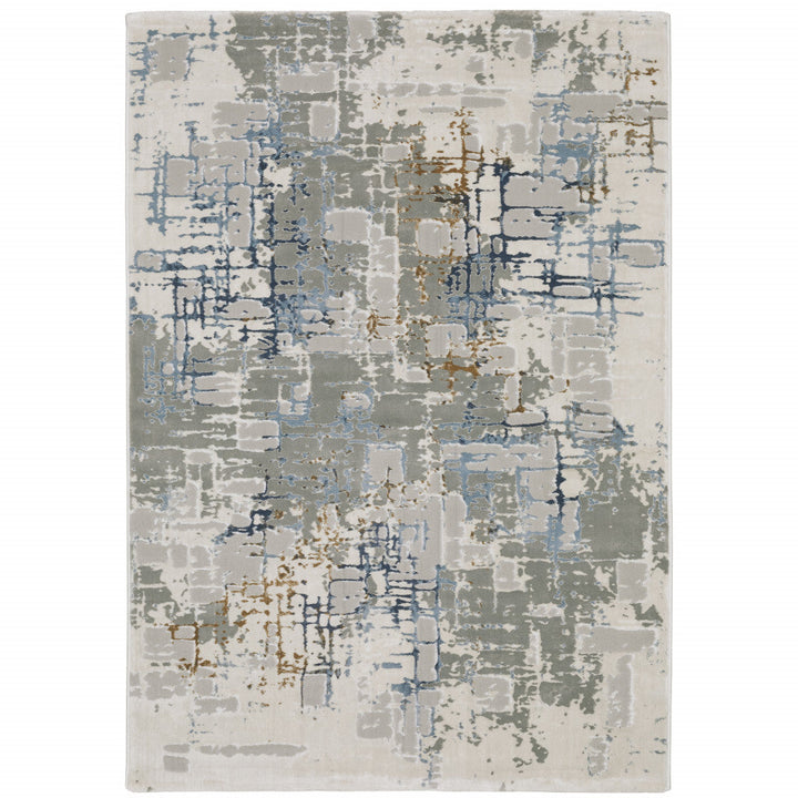 8 X 11 Grey Blue Brown Ivory And Deep Blue Abstract Power Loom Stain Resistant Area Rug Image 1