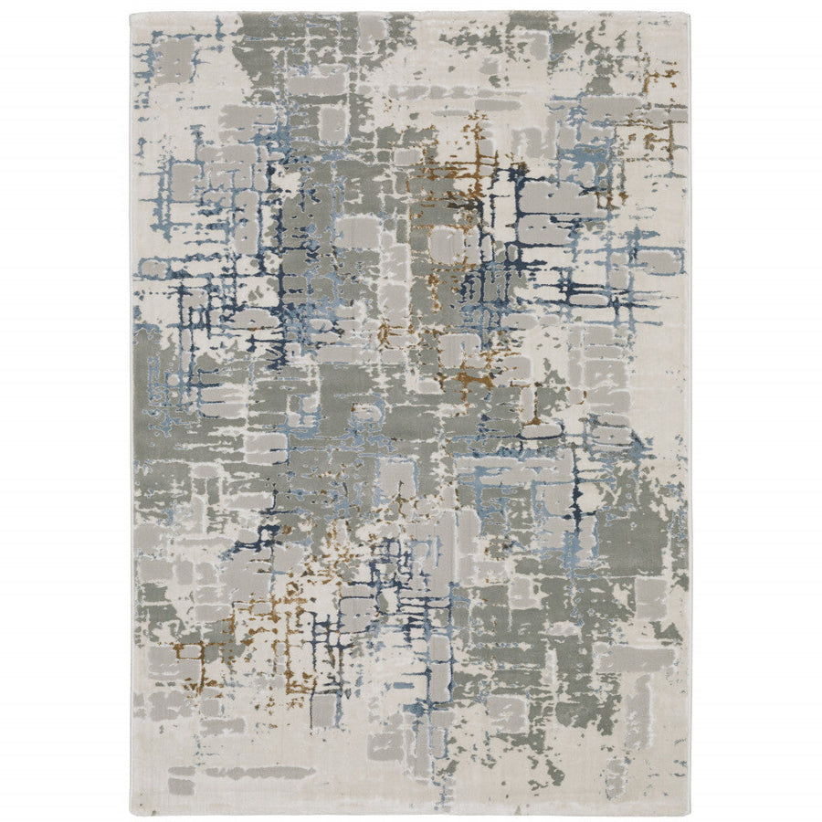 8 X 11 Grey Blue Brown Ivory And Deep Blue Abstract Power Loom Stain Resistant Area Rug Image 1