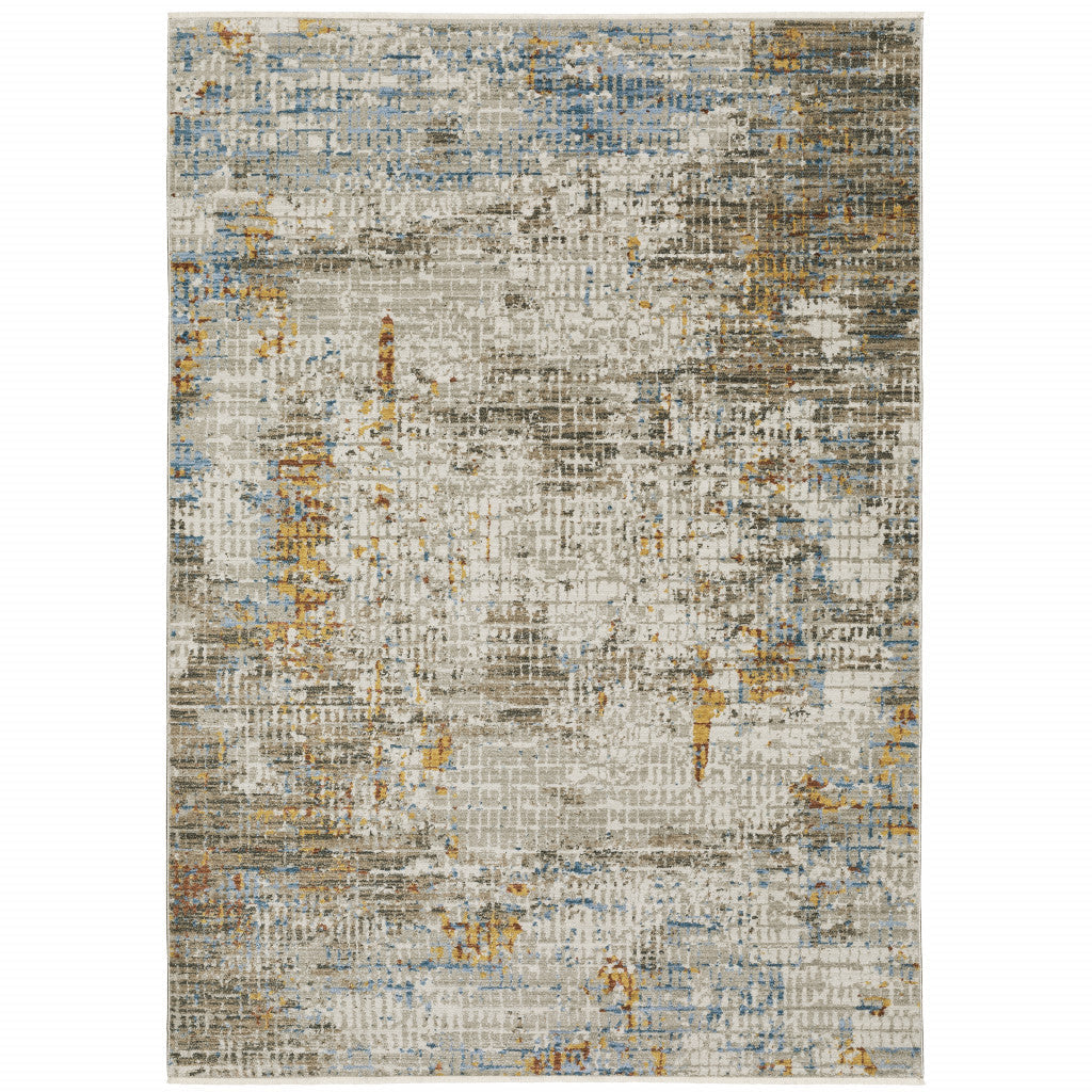 8 X 11 Beige Grey Brown Gold Red And Blue Abstract Power Loom Stain Resistant Area Rug With Fringe Image 1