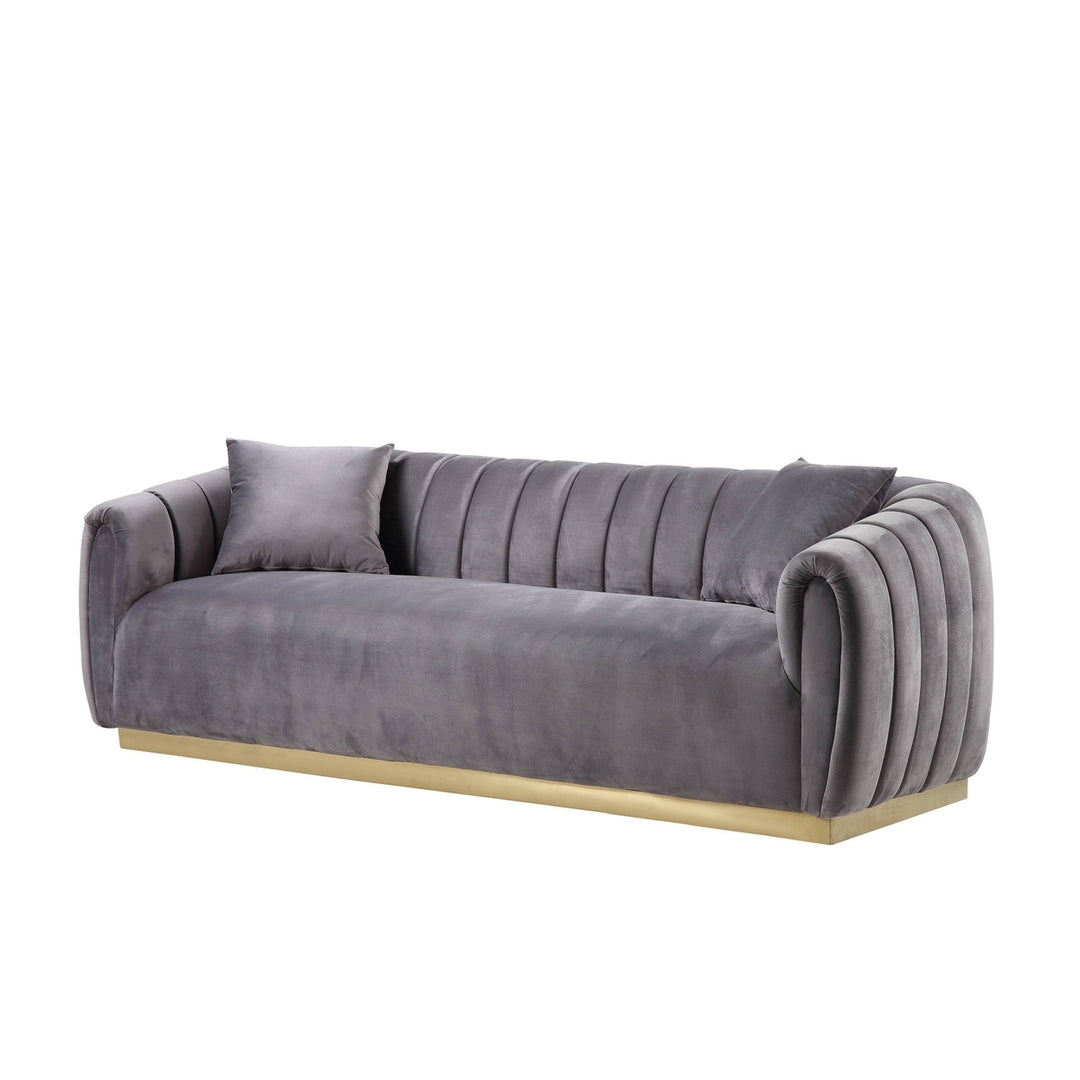 84" Gray Velvet Sofa And Toss Pillows With Gold Legs Image 1