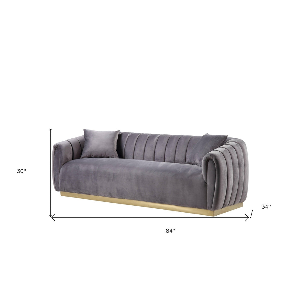 84" Gray Velvet Sofa And Toss Pillows With Gold Legs Image 2