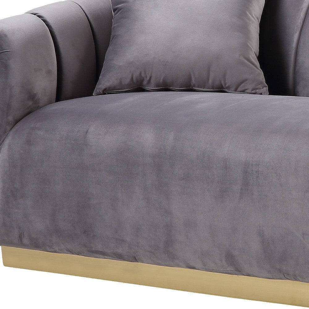 84" Gray Velvet Sofa And Toss Pillows With Gold Legs Image 3